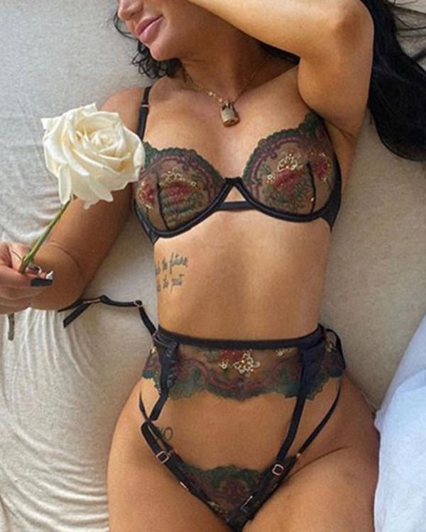 Floral Embroidery Crochet Lace Lingerie Set