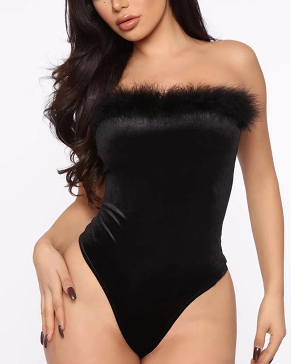 Women's Black Sexy Fur Bodysuit Lingerie