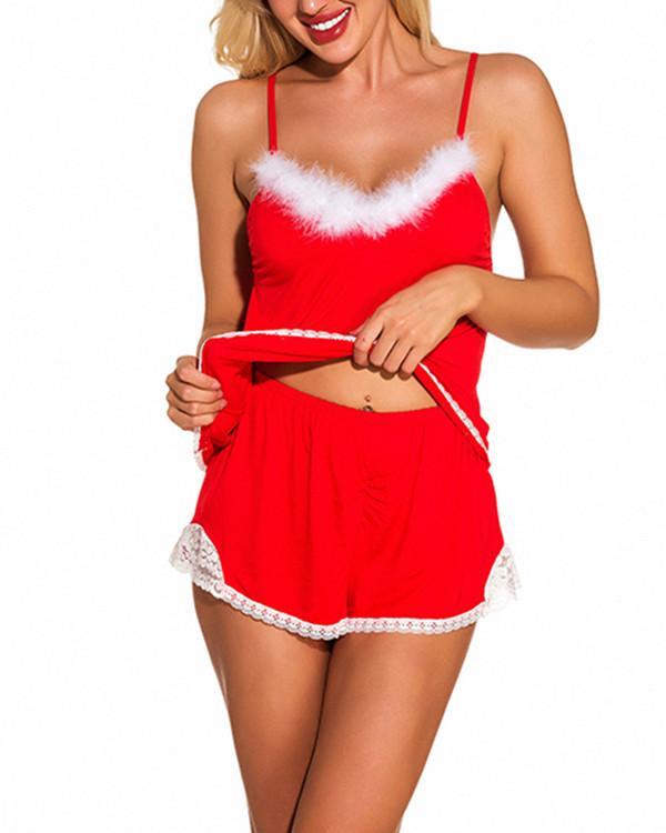 Red Christmas Plush Cami Shorts Lingerie Set Exquisite Design