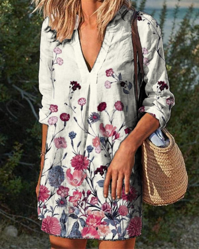 V-neck Long-sleeved Cotton and Linen Print Dress