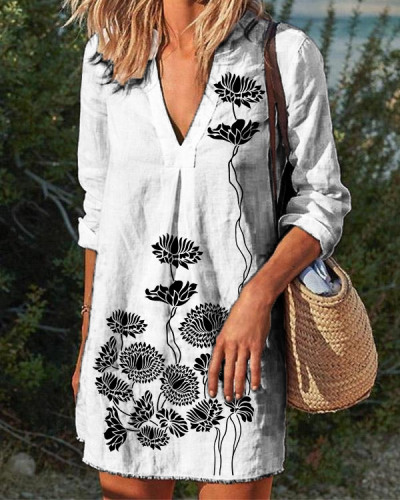 V-neck Long-sleeved Cotton and Linen Print Dress