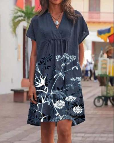 Vintage Casual V-Neck Linen Print Dress