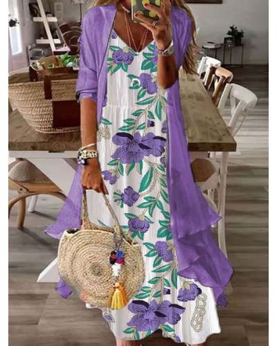 Fake Two Piece Casual V-neck Printed Maxi Dress S-5XL