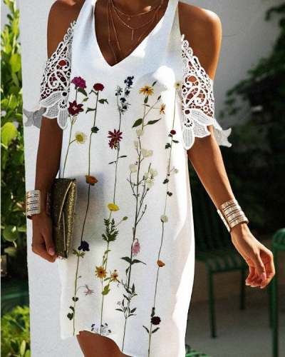 Plus Size Printed Knee-Length Summer Lace Sleeve Dress S-5XL