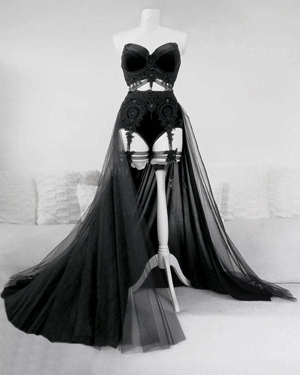 Gothic Mesh Smear Chest Black Maxi Dress