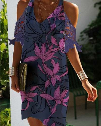 Plus Size Printed Knee-Length Summer Lace Sleeve Dress S-5XL