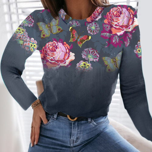 Floral Print Women's Crew Neck Long-sleeved T-shirt