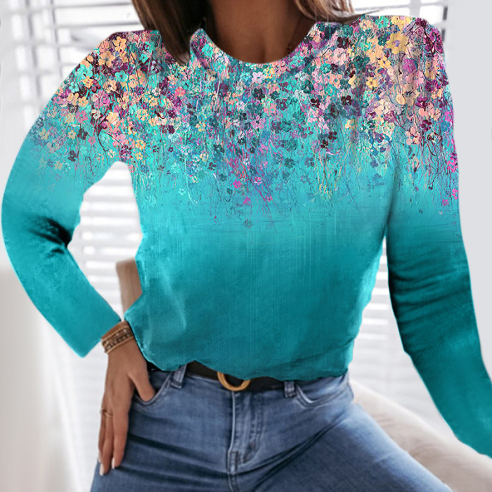 Floral Print Women's Crew Neck Long-sleeved T-shirt