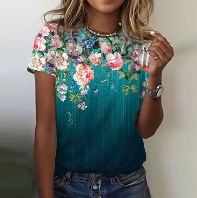 Floral Print Women's Crew Neck Short-sleeved T-shirt