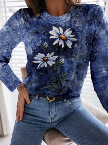 Floral Print Women's Crew Neck Long-sleeved T-shirt