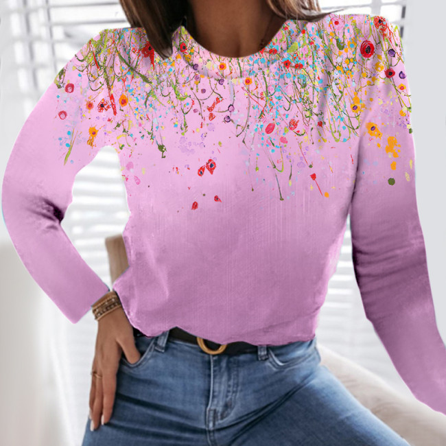 Floral Print Women's Crew Neck Long-sleeved T-shirt