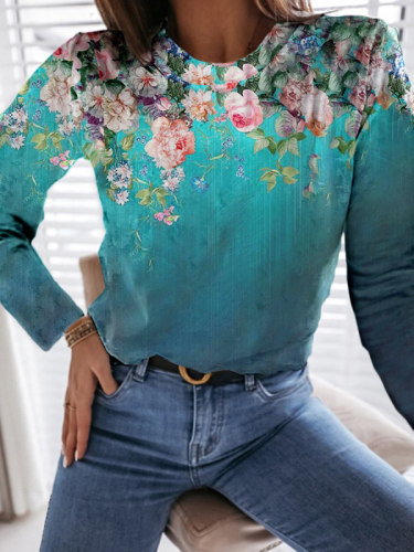 Floral Print Women's Crew Neck Long-sleeved T-shirt