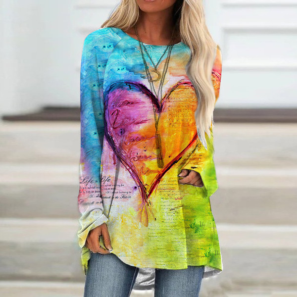 Love graffiti print round neck loose long-sleeved T-shirt