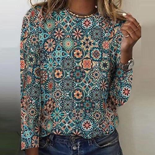 Floral Print Women's Crew Neck Long-sleeved T-shirt