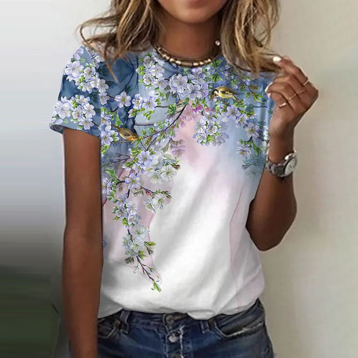 Floral Print Women's Crew Neck Short-sleeved T-shirt