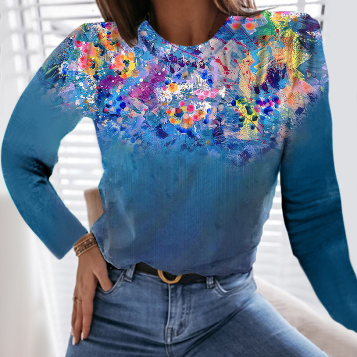 Floral Print Women's Crew Neck Long-sleeved T-shirt