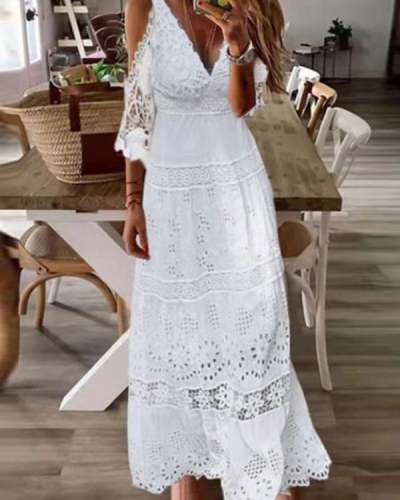 Solid Hollow Lace Casual Maxi Dress