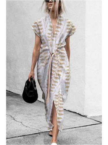 Printed Cotton and Linen Elegant Bandage Shirt Dress S-5XL