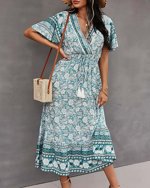 Casual Vintage Boho V-Neck Print Dress