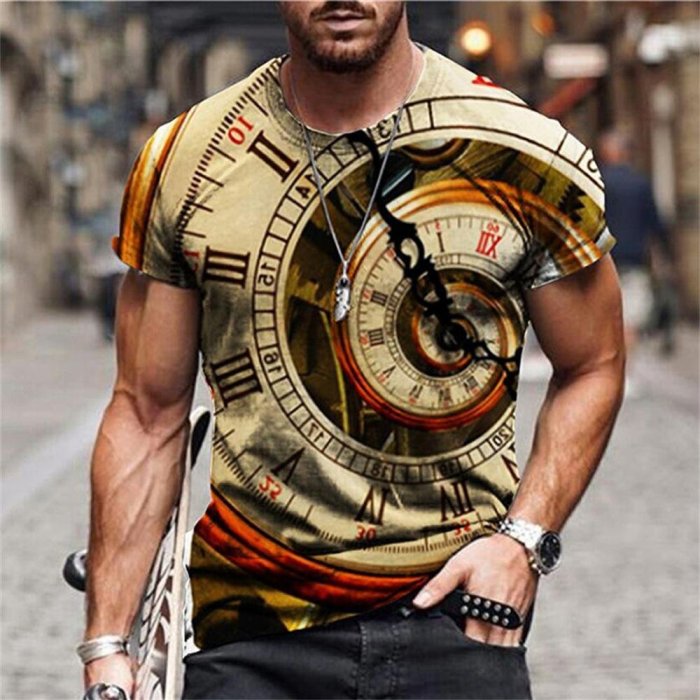 3D Graphic Printed Short Sleeve Shirts  Clock