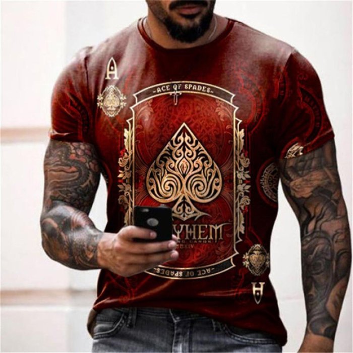 3D Graphic Printed Short Sleeve Shirts   Tall Round Neck Red