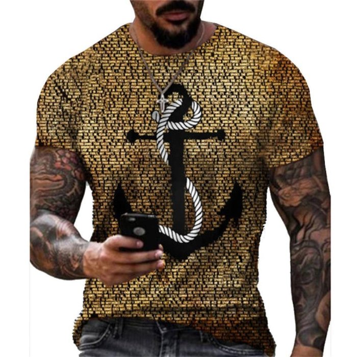3D Graphic Printed Short Sleeve Shirts  Big and Tall Round Neck Blue Gray Gold