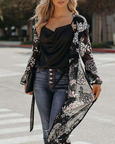 Black See-through Chiffon Floral Beach Cardigan