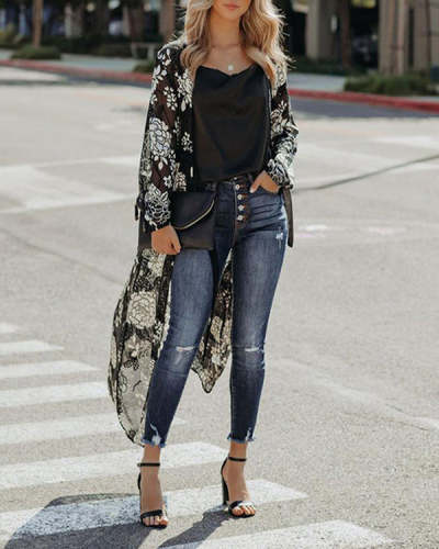 Black See-through Chiffon Floral Beach Cardigan