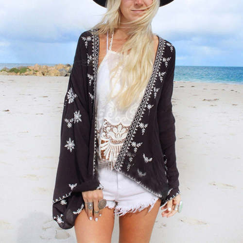 Black Leaf Printed Seaside Vacation Cardigan