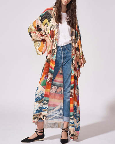 Kimono Print Beach Blouse Resort Cardigan