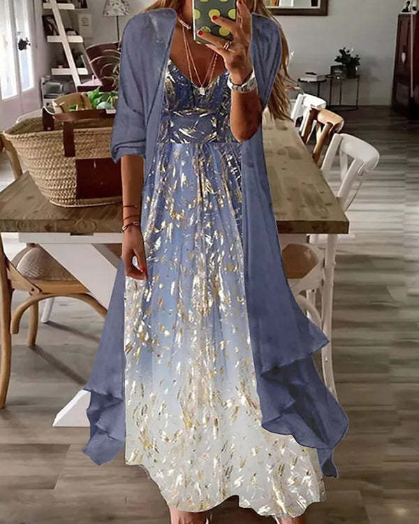 Fake Two-Piece Half-Sleeve Printed Sequined Pleated Casual Sexy Dress