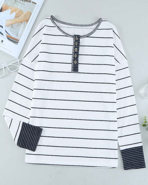New Loose Striped Contrast Button Top