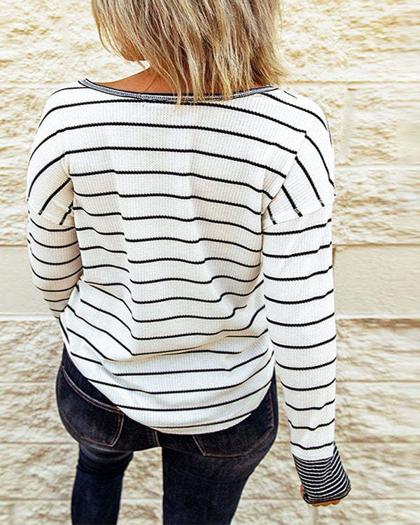 New Loose Striped Contrast Button Top