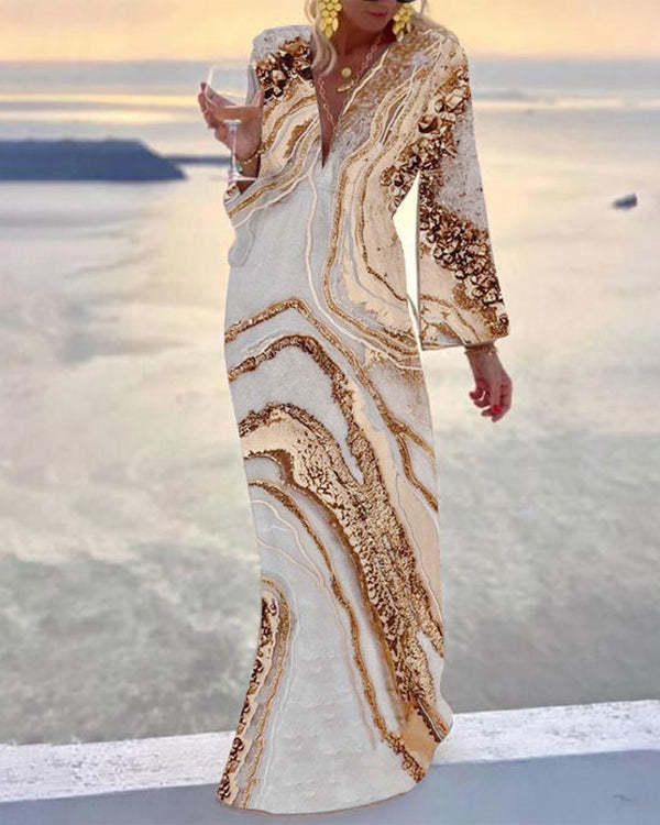 Gold Beach Marble Print Long Sleeve Maxi Dress