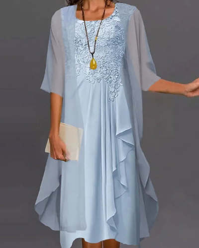 Fake Two Piece Lace Round Neck Chiffon Coat Dress