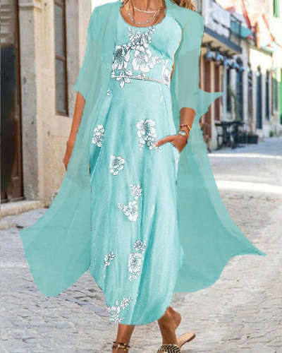 Fake Two Piece Casual Crew Neck Printed Maxi Dress S-5XL