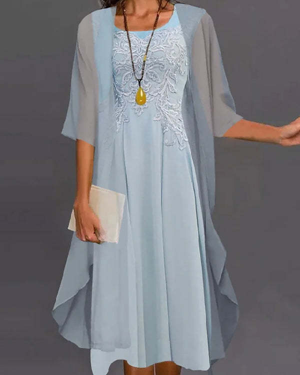 Fake Two Piece Lace Round Neck Chiffon Coat Dress