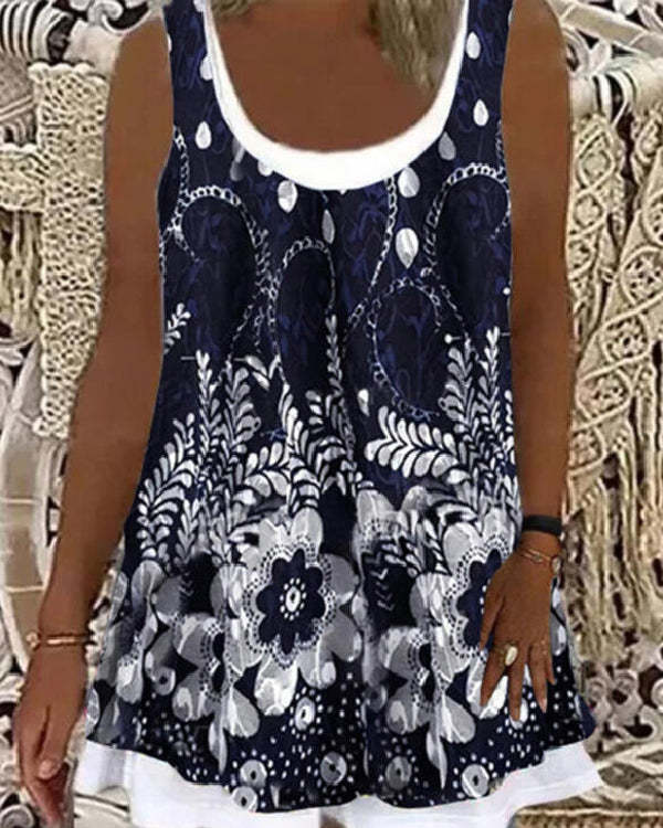 Fake Two Piece Printed Crew Neck Sleeveless Tank Top