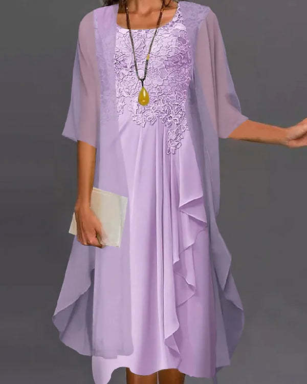 Fake Two Piece Lace Round Neck Chiffon Coat Dress