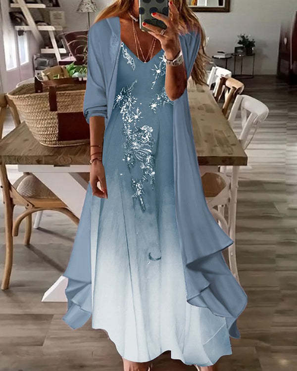 Fake Two Piece Half Sleeve Print Casual Retro Sexy Dress