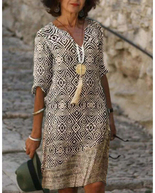 Printed V Neck Long Sleeve Vintage Dress