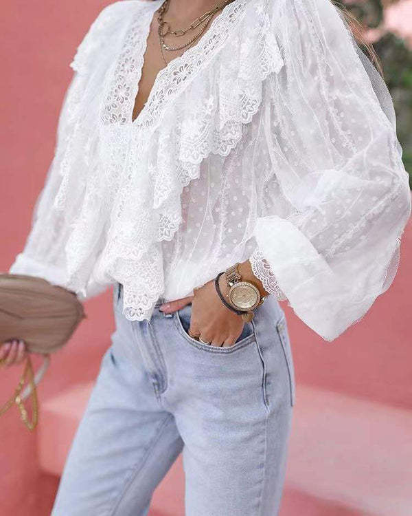 Lace V-Neck Panel Ruffle Shirt Top