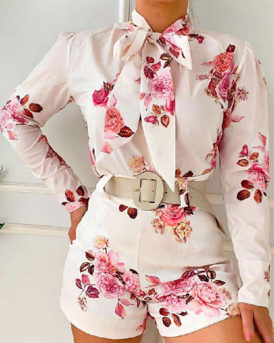 Printed Elegant Ribbon Lace Neck Long Sleeve Shirt Shorts Two Piece Suit