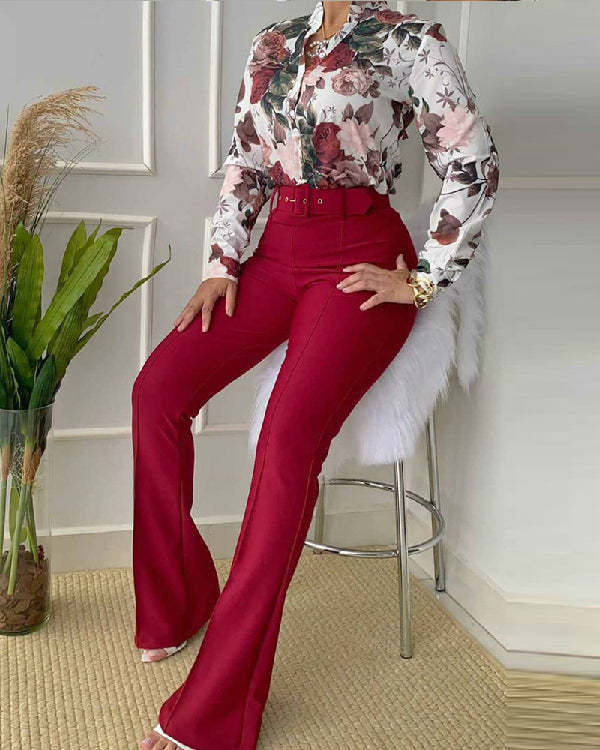 Casual Suit Printed Stand Collar Long Sleeve Shirt Top Wide Leg Pants Two Piece Set