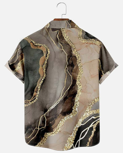 Men's Nature Marble Effect Print Casual Breathable Chest Pocket Short Sleeve Hawaiian Shirts Top