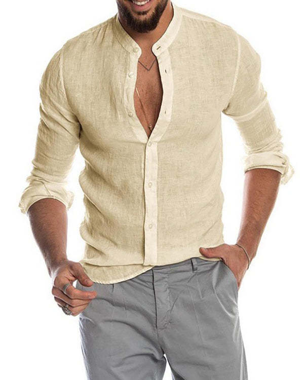 Men's V-neck Linen New Cardigan Stand-neck Long-sleeved Shirt Top