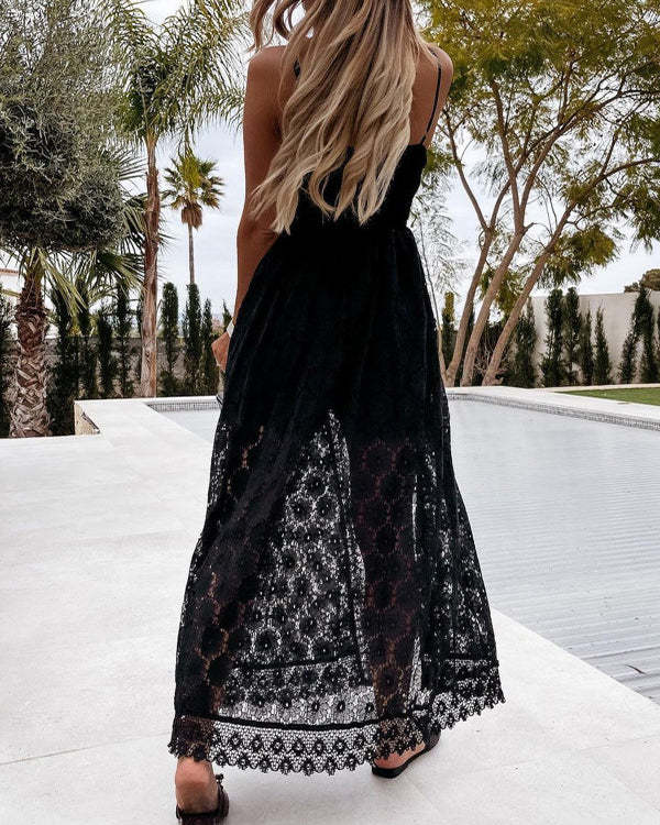 Lace and Trim V-neck Short Pants Slip Jumpsuit