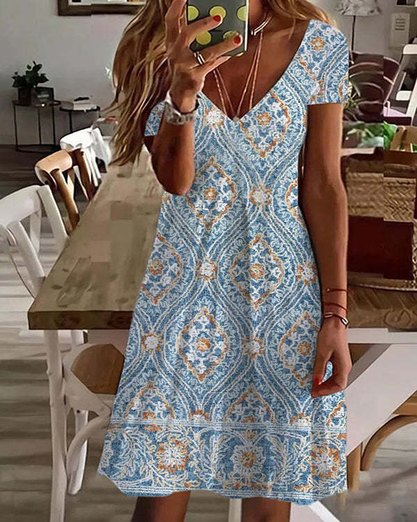 Tribal V Neck Short Sleeve Knit Dress