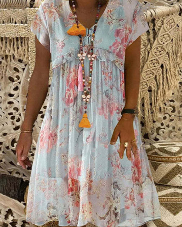 V-neck Casual Loose Floral Print Short Sleeve Short Dress