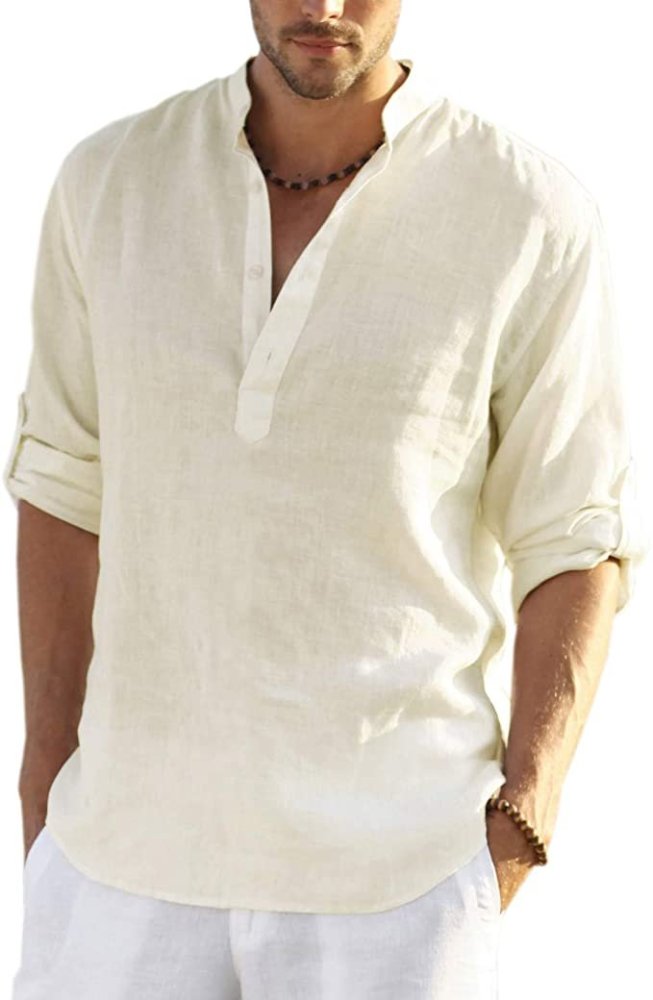 2022 Men's cotton linen shirt long-sleeved casual beach T-shirt